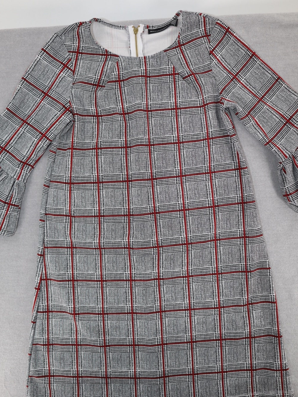 Nina Leonard Black and White Plaid Dress with Red Stripe